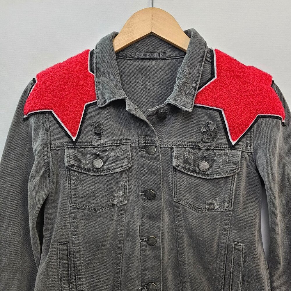 Carmar LF Charcoal Gray Faded Black Denim Jacket Red Star Patches M Distressed - Picture 10 of 11